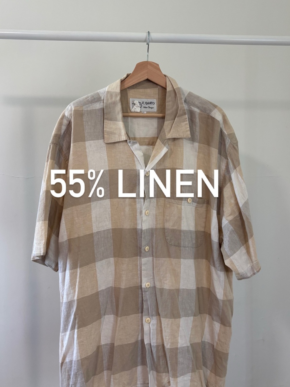 Beige Plaid Linen Blend Short-Sleeve Shirt